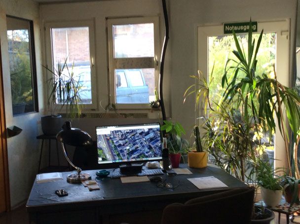 Büro mit Schreibtisch und Bildschirm am Fenster, daneben Pflanzen.